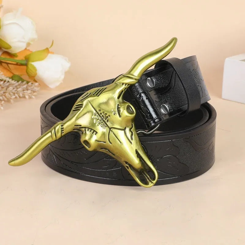Men's black imitation leather belt with decorative alloy cow head buckle and pin buckle fastening