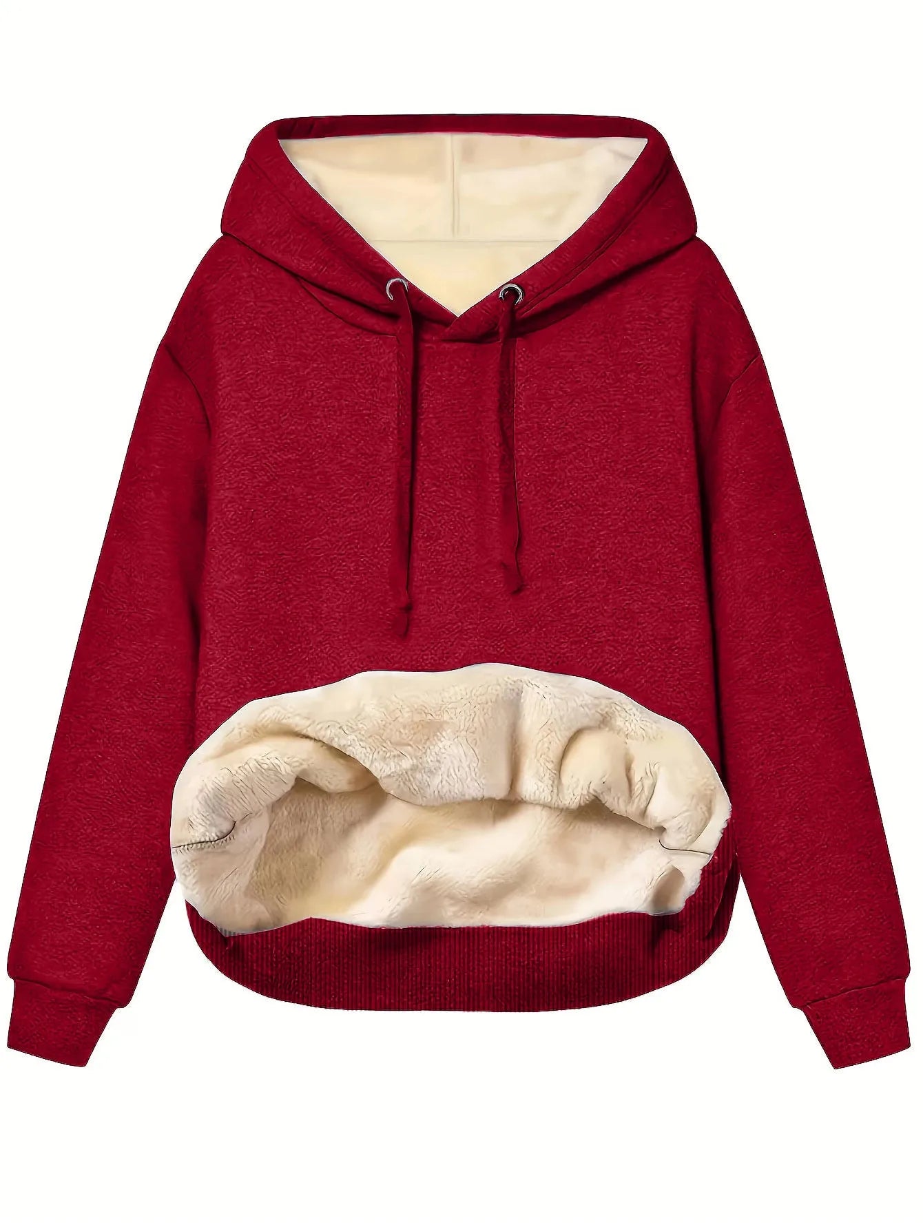 A woman wearing a loose thick black hooded sweater with side pockets and a 3D textured pattern.
