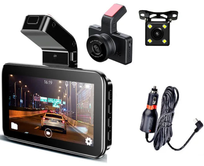 3-inch HD Car DVR unit with double lens for front and back recording, shown with camera and cables.