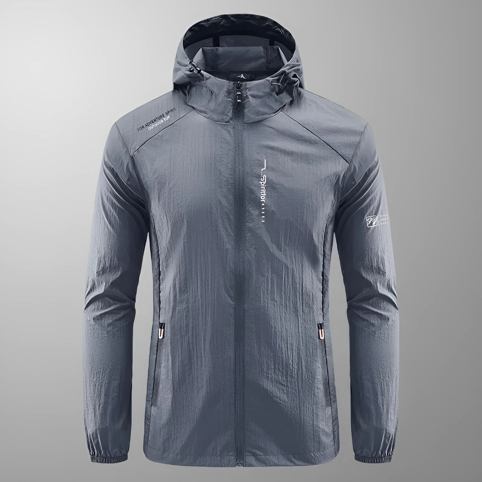 Men's lightweight nylon hooded summer jacket in loose fit, shown in a neutral colour.
