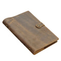A5 handmade cowhide notebook with genuine leather cover in Crazy Horse Brown, opened on a table