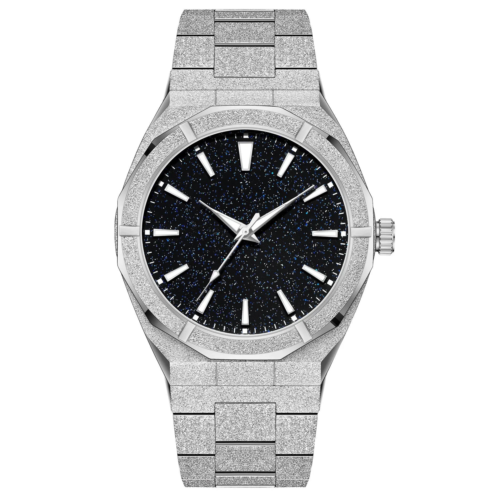 Stainless steel men's business watch with frosted case and luminous markers in black, gold, and silver colours