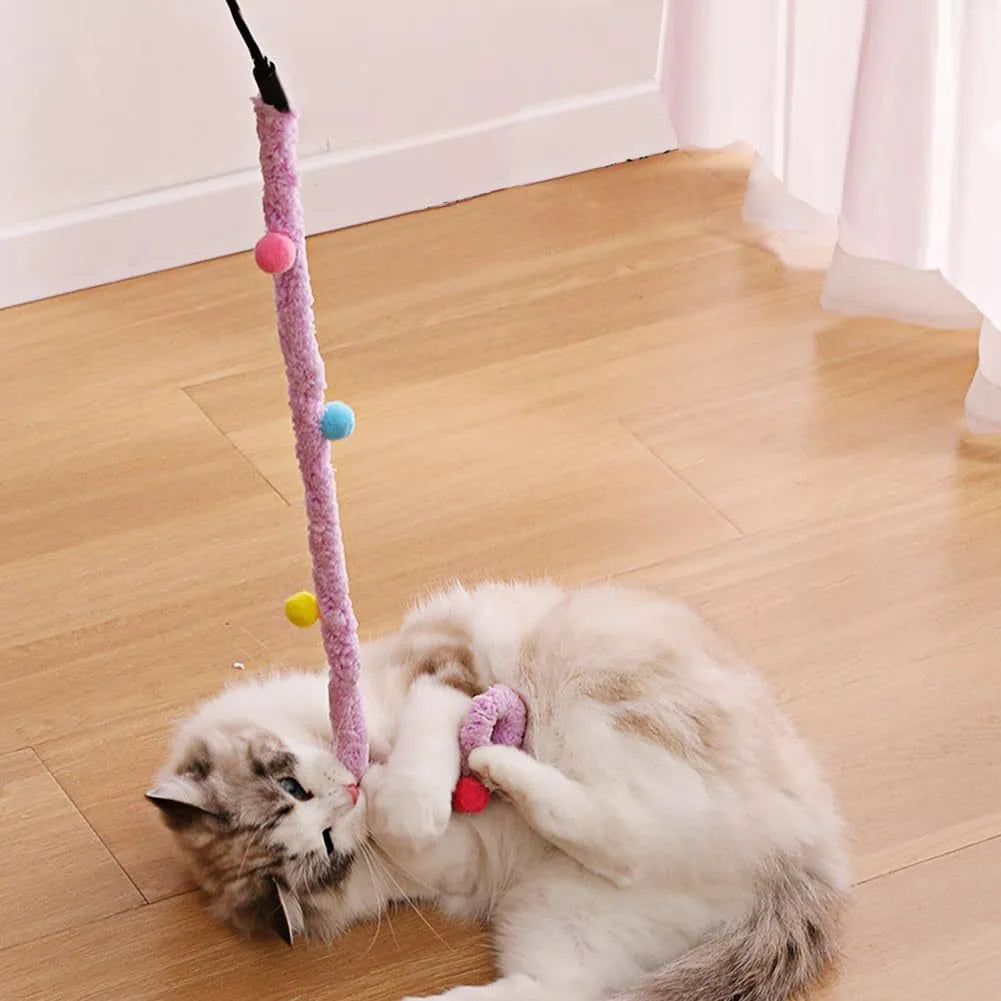 Blue plush strip cat wand toy with colourful fluffy bell attachment on 41cm pole