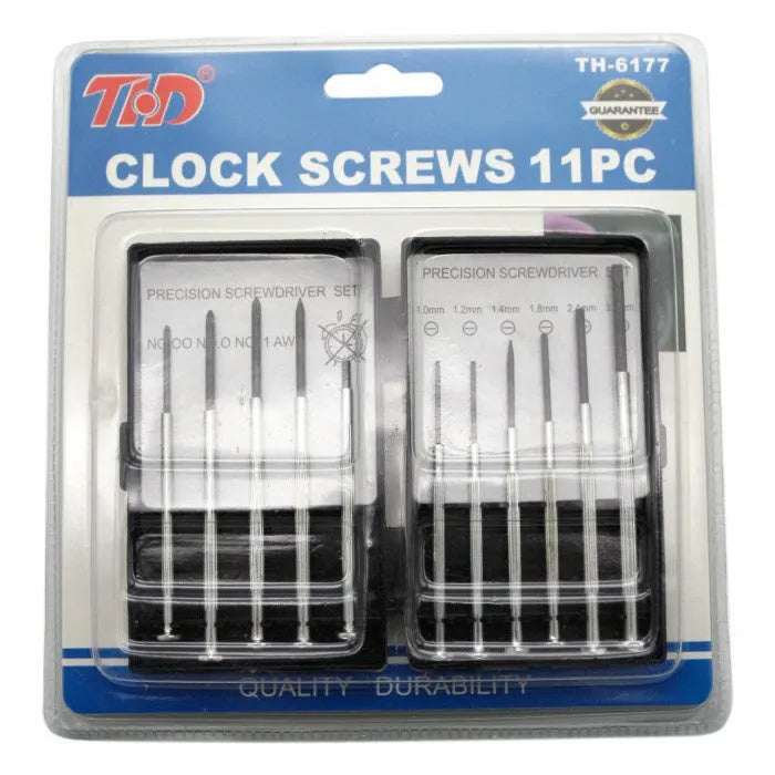 11-piece clock repair screwdriver set with cross and flat blade drivers for electronics maintenance