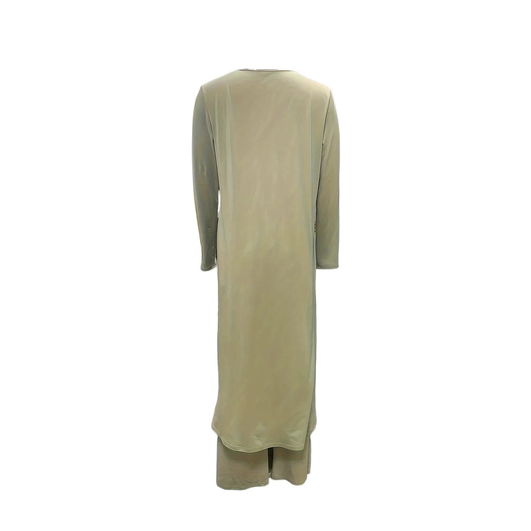 A loose-fitting long sleeve two-piece lounge set in polyester, shown in khaki colour, consisting of a round-neck top and matching trousers.