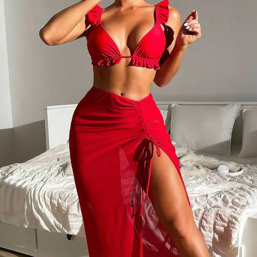 Women's three-piece swimsuit set with bikini and skirt cover-up in multiple colour options