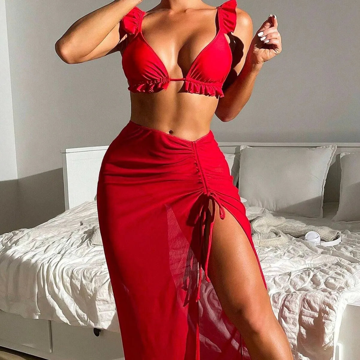Women's three-piece swimsuit set with bikini and skirt cover-up in multiple colour options