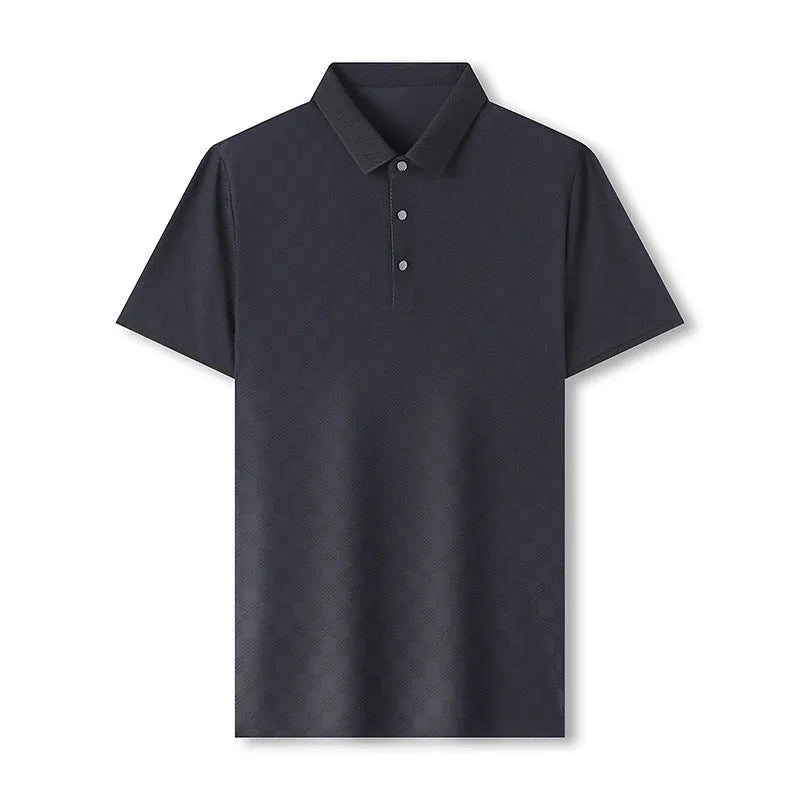 Thin Ice Silk blend short sleeve T-shirt in black with a V-neck and slit hem detail on a hanger.