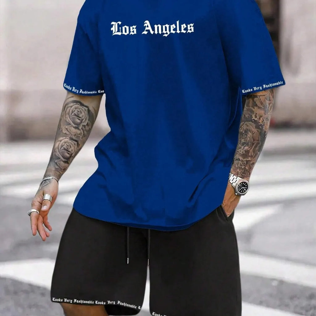 Sports style short-sleeved shorts set with printed pattern, loose fit shorts, and quick-dry fabric