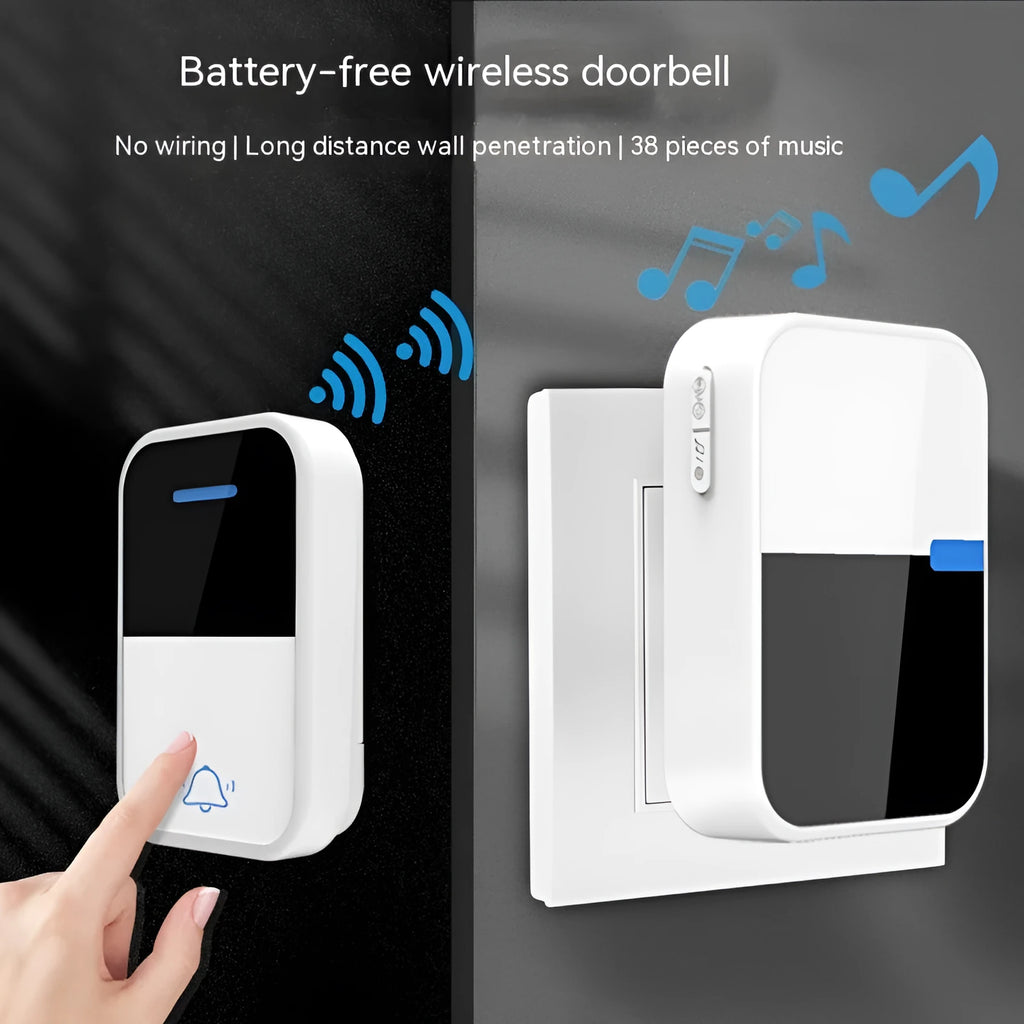 Modern white plastic wireless doorbell with receiver and remote components