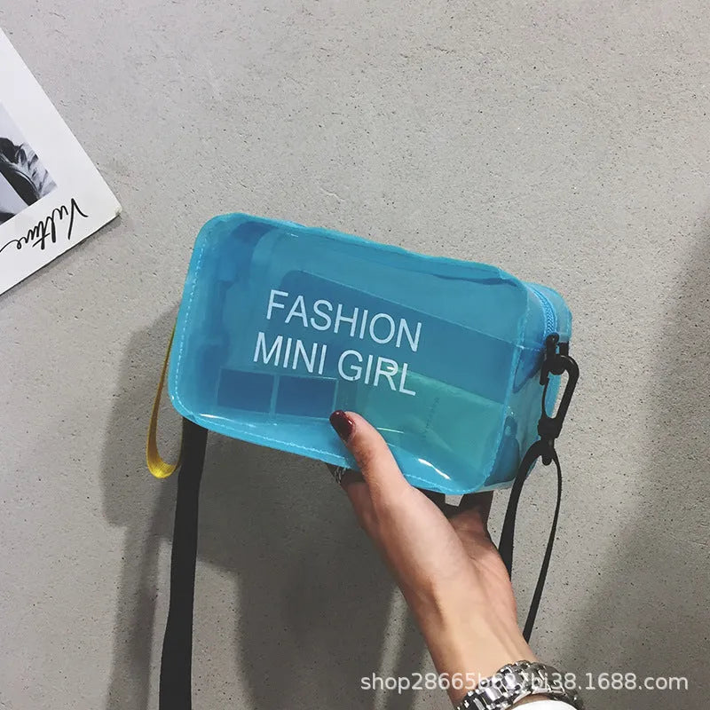 Transparent square jelly shoulder bag with single diagonal cross strap in various colour options
