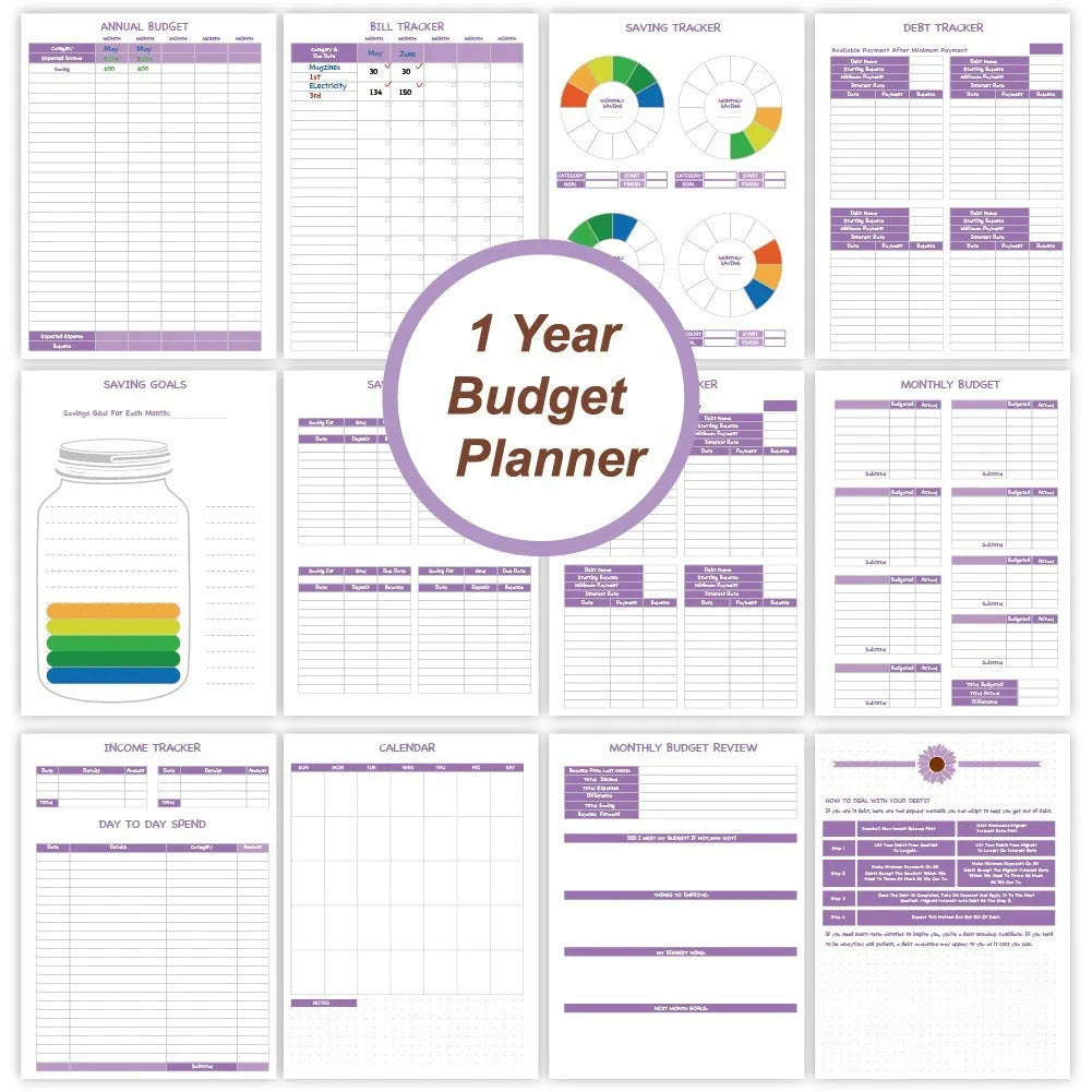 J12 purple coil-bound financial planning notebook with budget stickers and paper clips