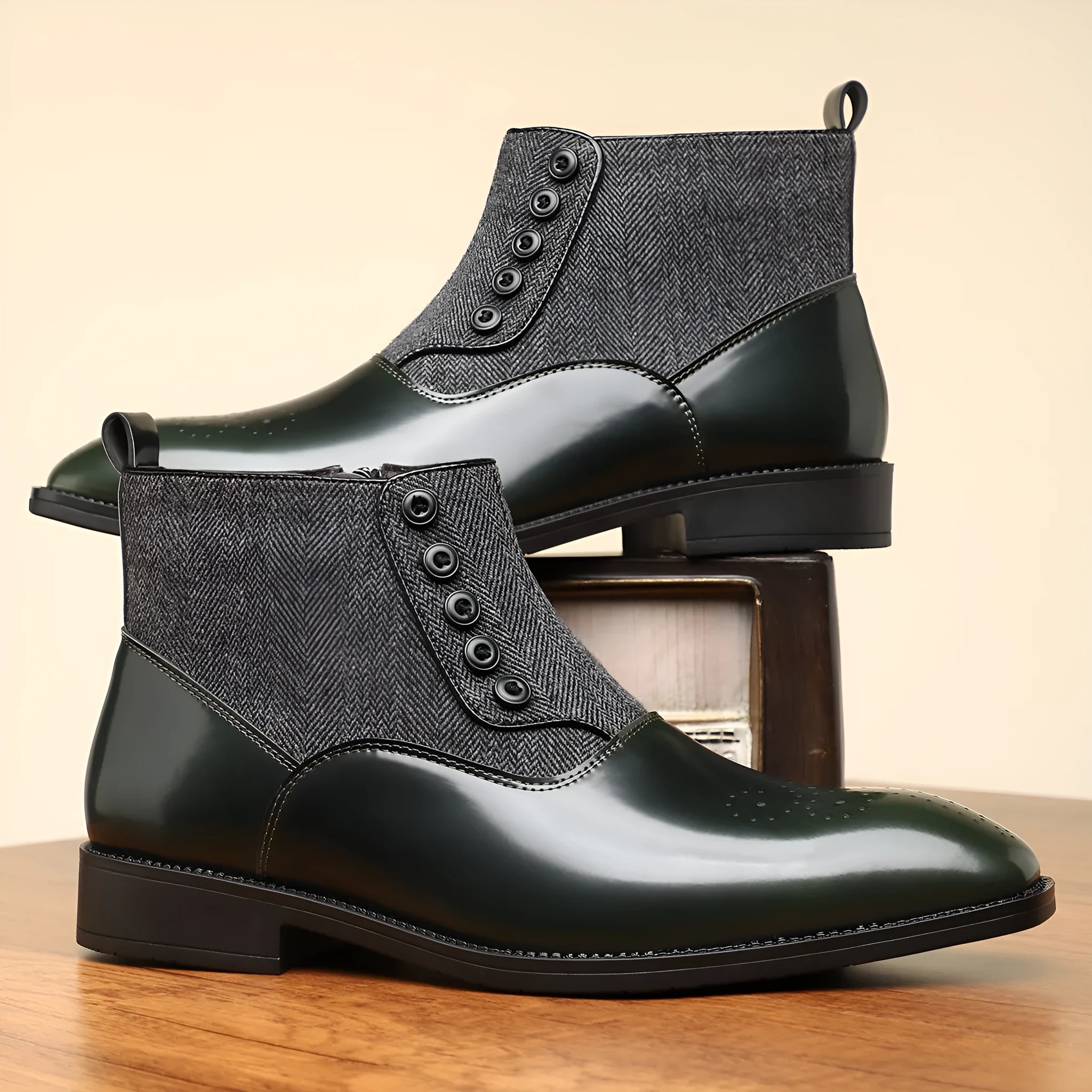 Men's brown and green retro business formal shoes with side zipper and square toe