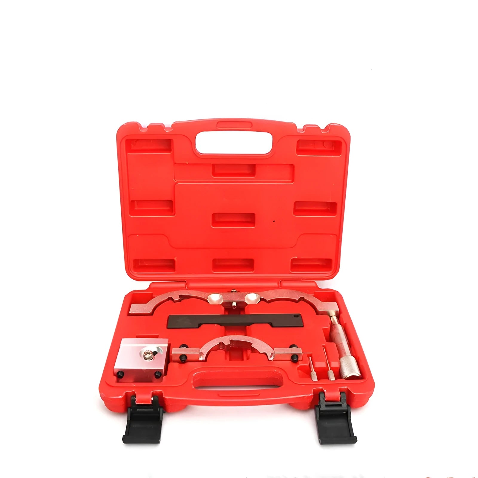 Red chrome-vanadium steel Opel 1.4 LUJ engine timing tool kit with seven pieces.