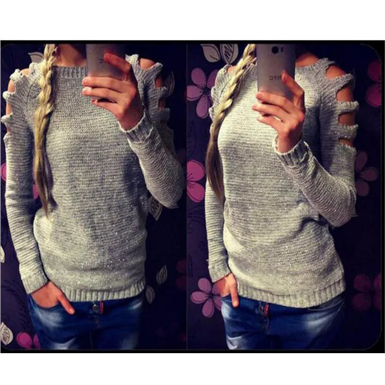 Women's white crocheted hollow-out long-sleeved pullover shirt with round neckline