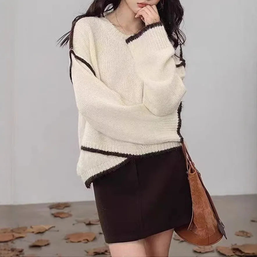 Women's cotton loose fit pullover sweater in gray color with regular sleeves