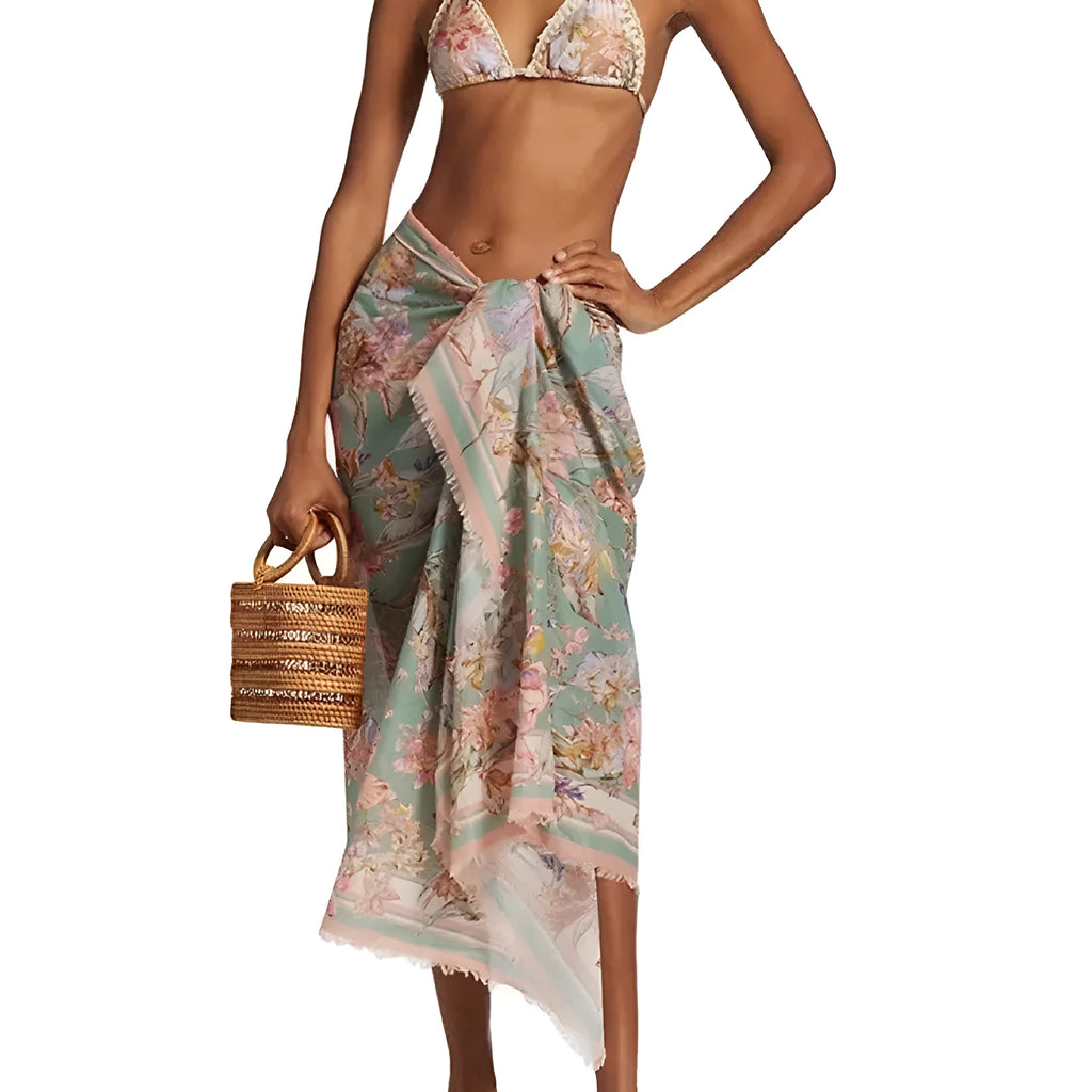Women's floral print bikini set with skirt in creamy white beige colour