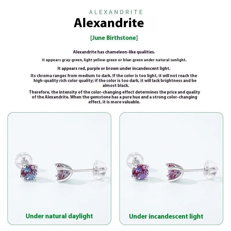 A pair of round, geometric 925 silver ear studs featuring a cultivated Alexandrite Alexander Stone.