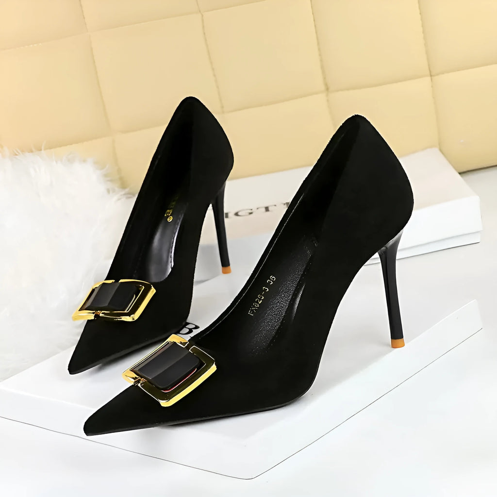 Black suede women's stiletto court shoes with a 9cm high heel and pointed toe