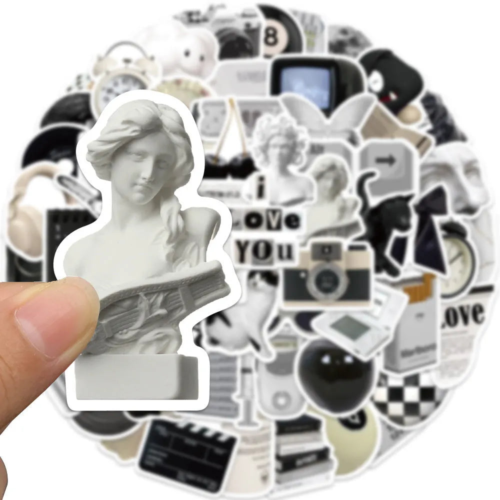 Black and white PVC waterproof sticker set with 61 pieces for laptop and phone decoration
