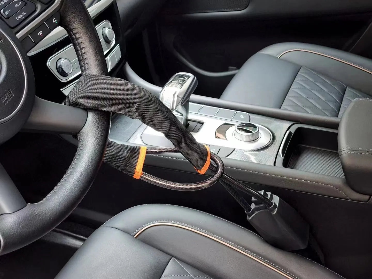 Red car steering wheel lock with wire rope security cable for General Motors vehicles