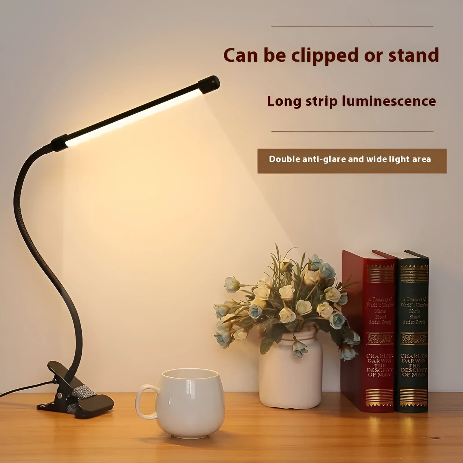 Black and white USB-powered LED desk lamp with 26cm length and eye protection technology