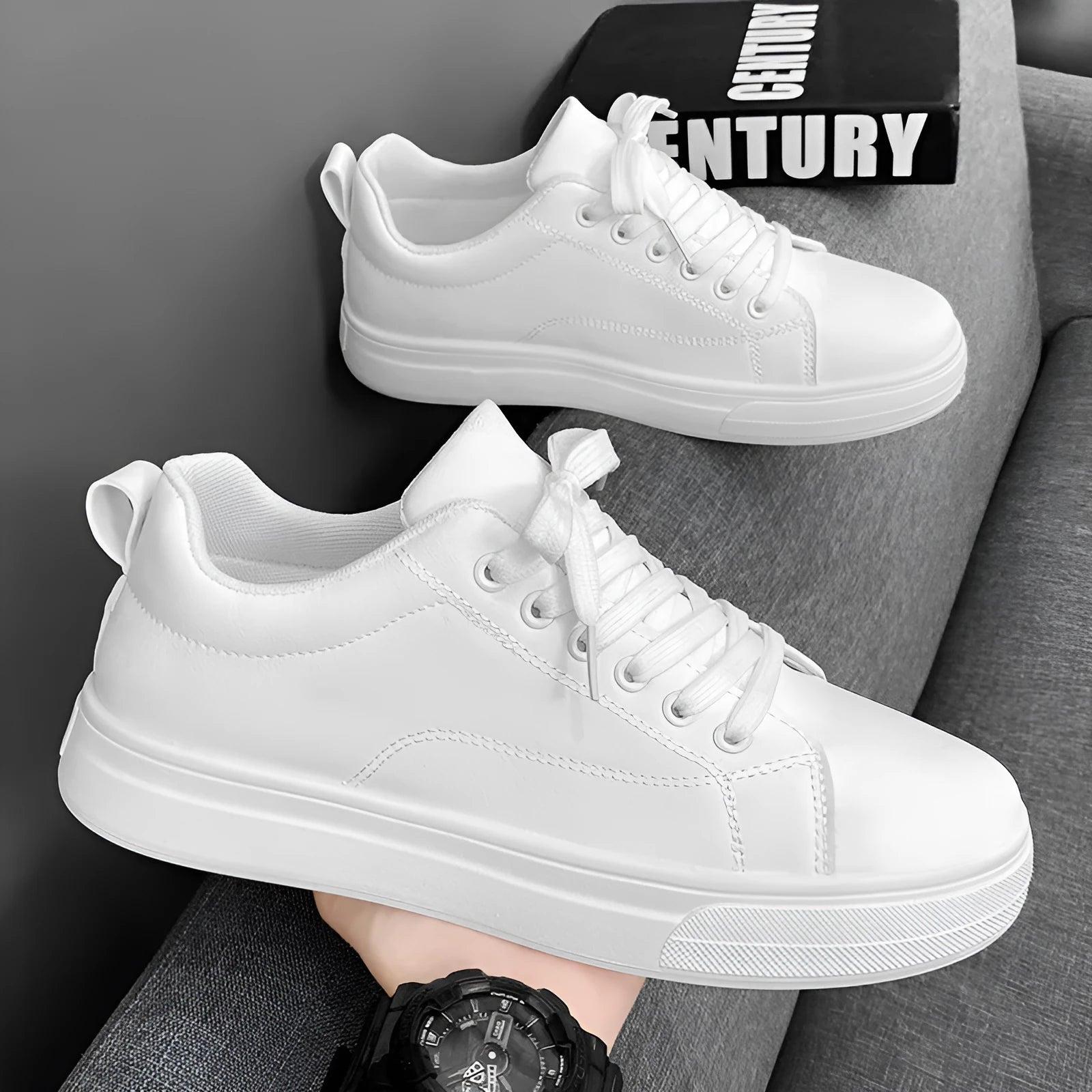 Men's Korean-style low-top sneakers in white, black, or two-tone colour with flat rubber sole