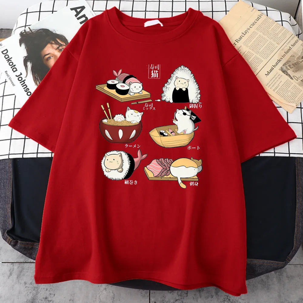 Men's black cotton t-shirt with a cute cartoon print of cats designed as sushi rolls.