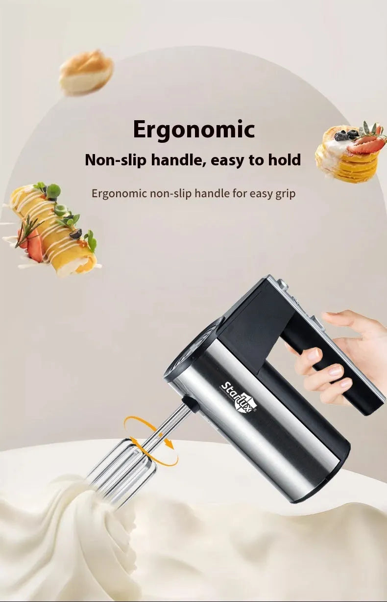 SL-25209 coloured hand-held electric whisk mixer with beaters on a kitchen counter