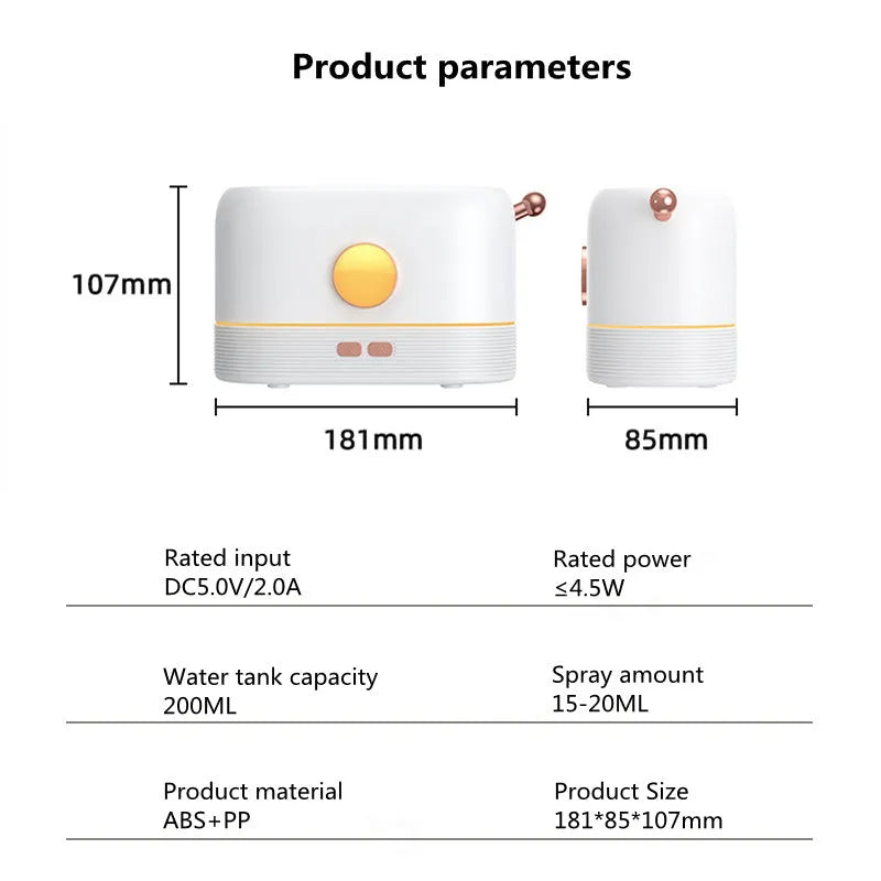Black USB desktop humidifier diffuser with simulation flame effect and 200ml water tank.