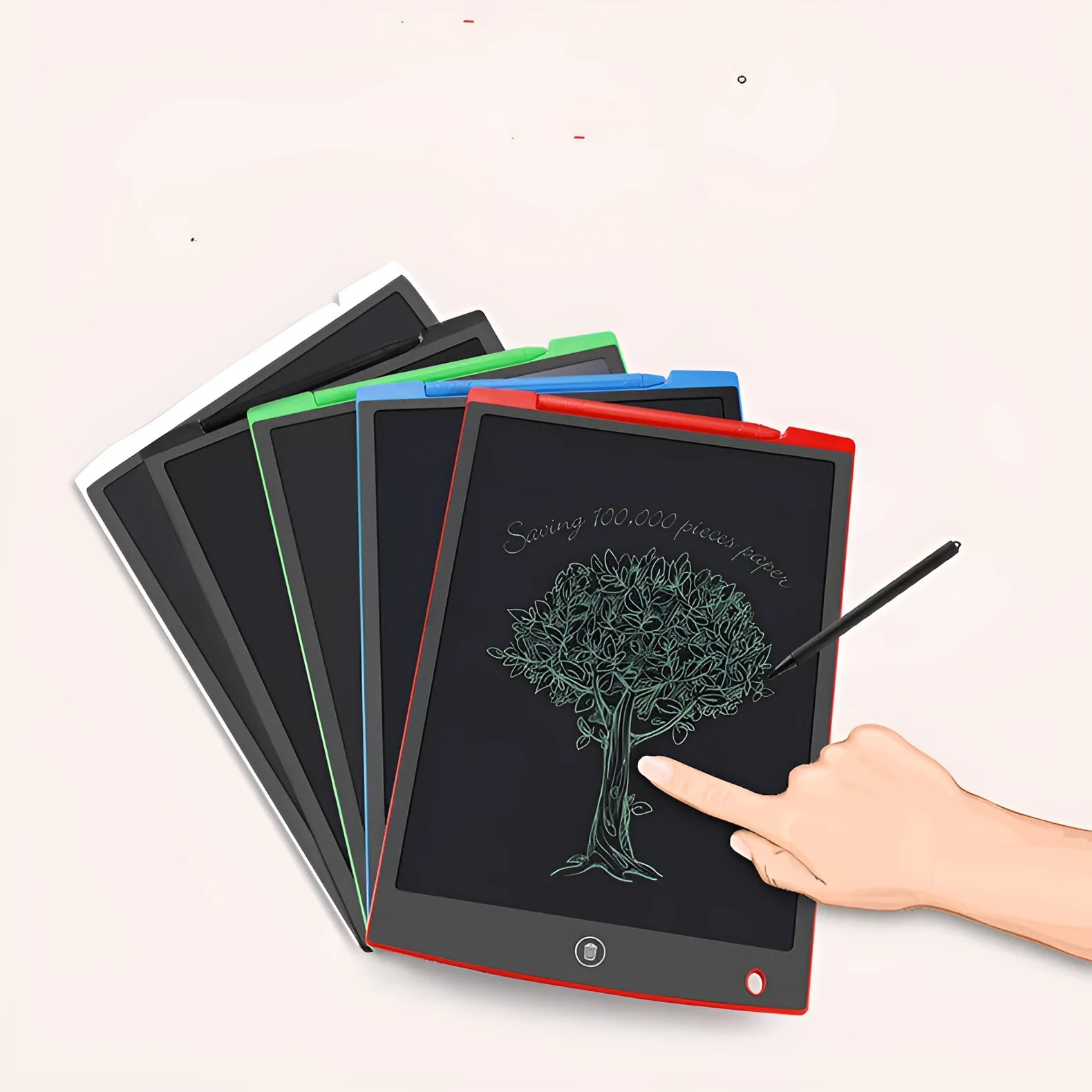 LCD electronic writing board for children in blue with stylus pen on screen.