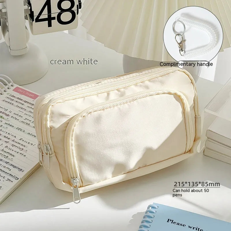 Double layer pencil case in solid colour with gift handle for high-capacity stationery storage