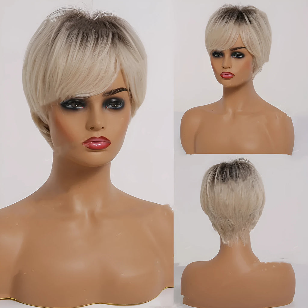 Short straight ombre blonde synthetic hair wig with bangs, 8 inch length, brown gradient gold colour, on mannequin head