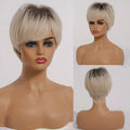Short straight ombre blonde synthetic hair wig with bangs, 8 inch length, brown gradient gold colour, on mannequin head