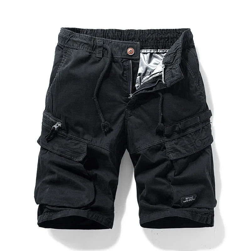 Men's cotton shorts with zipper and multiple pockets in army green, Korean fifth pants style