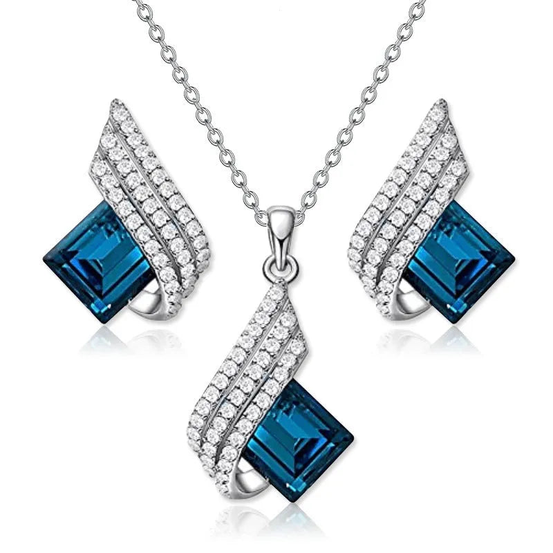 Women's necklace and earring set with cross chain design and glass pendant in alloy with electroplated finish