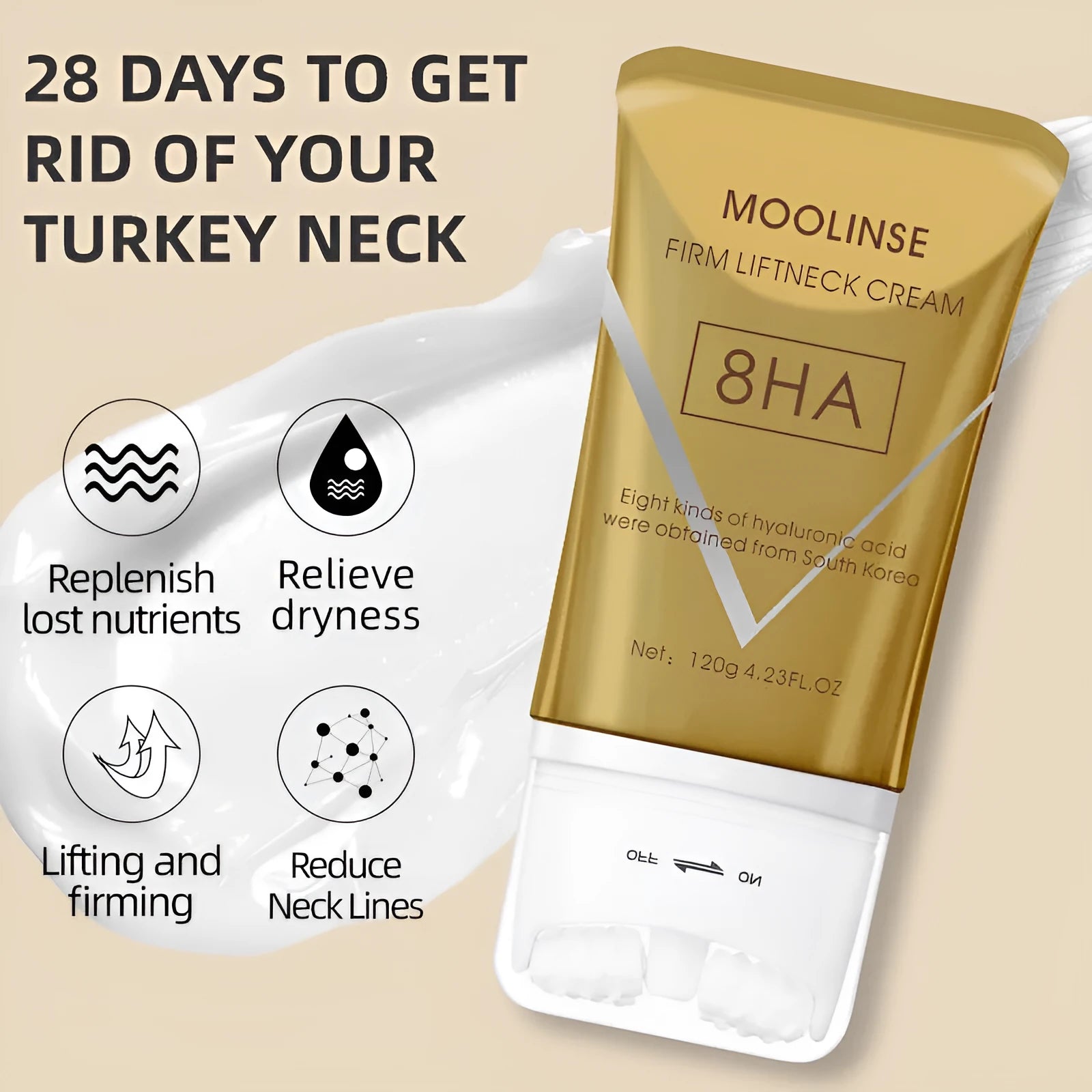 Neck firming cream jar with massage roller applicator for skincare application