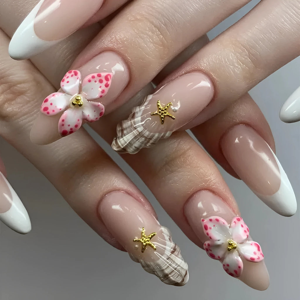French style fake nails with rock pattern patches and simple flower design in plastic storage case