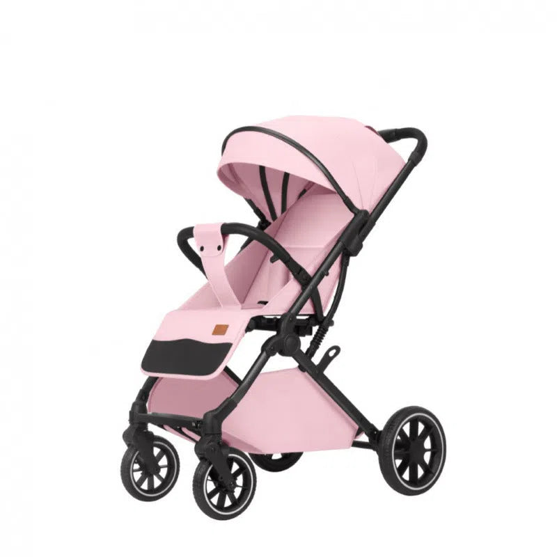 Lightweight folding baby stroller with four-wheel shock absorbers, iron frame, available in black, dark gray, light gray, and khaki