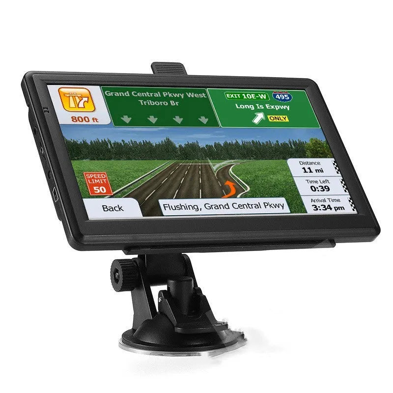 7 inch portable car GPS navigation device on a dashboard showing map display.