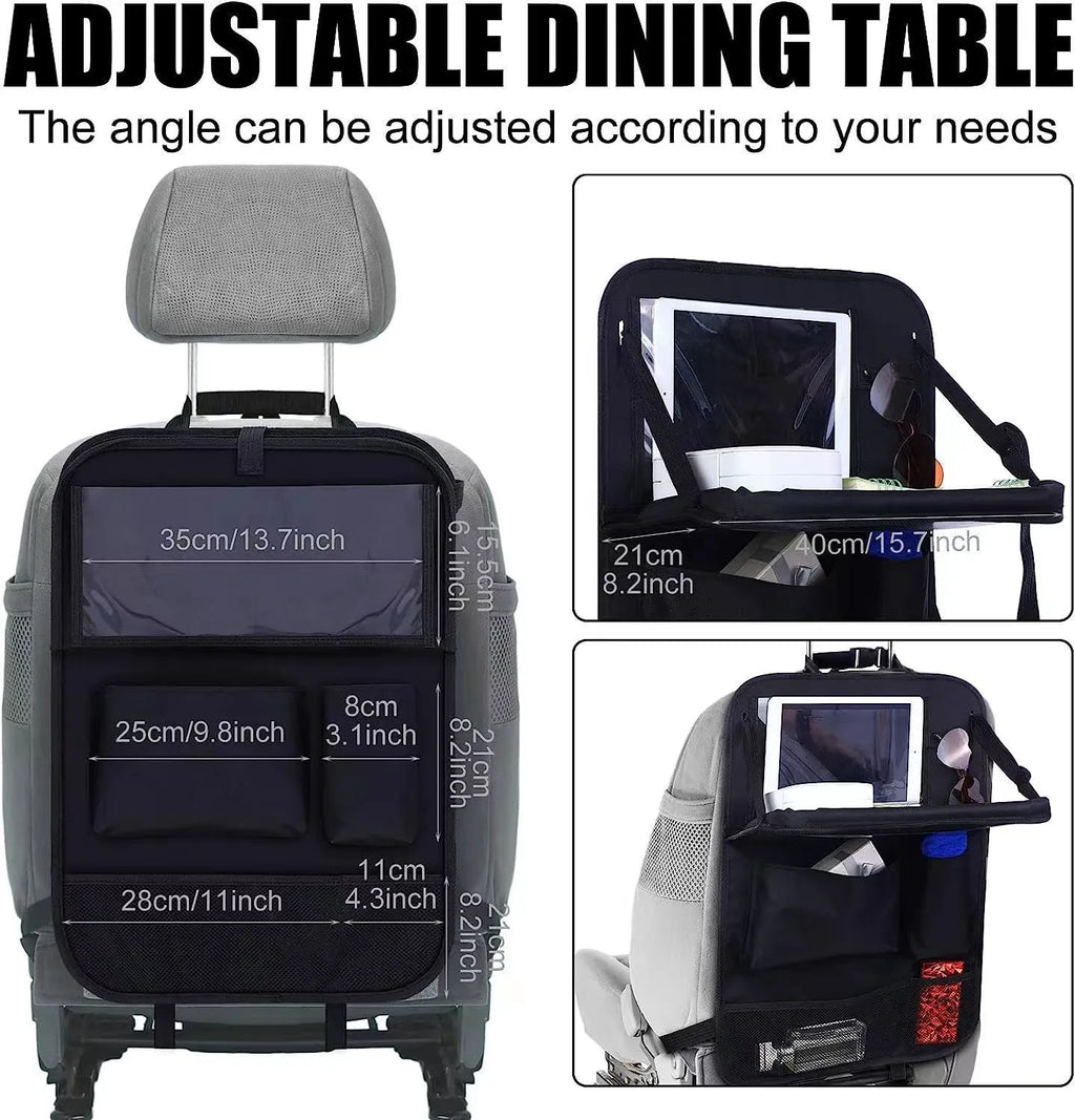 Black Oxford cloth car seat organiser bag hanging on a car seat, showing its storage pocket and hooks.