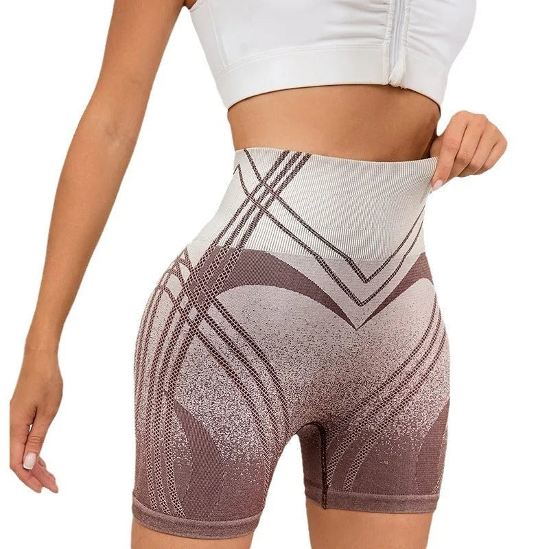 Women's high waisted gradient fitness shorts in black or brown for yoga and running