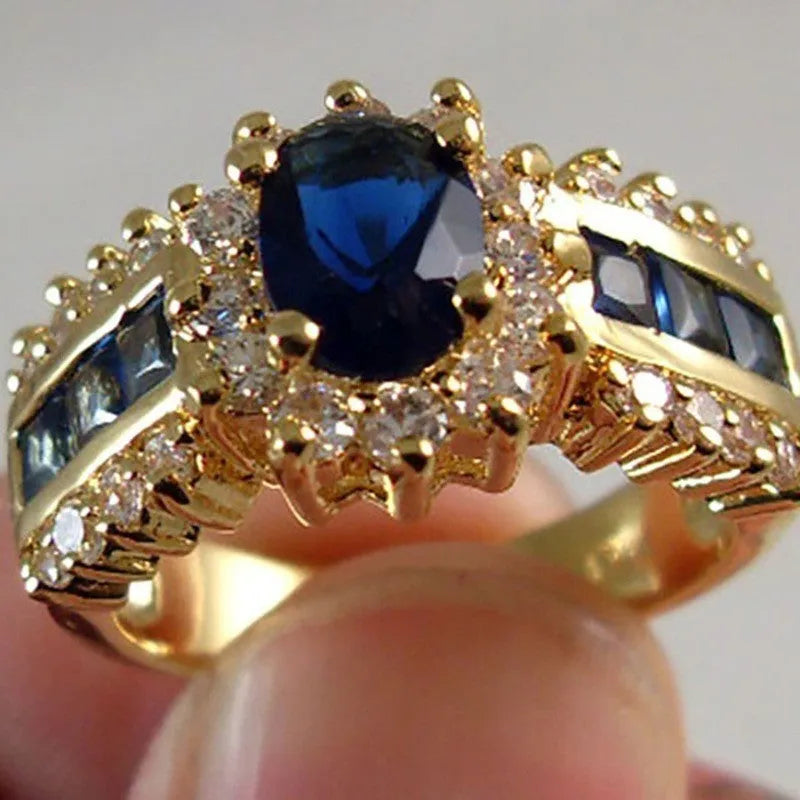 Zinc alloy personalised ring with sunflower blue diamond, square blue zircon, or square purple zircon stone options