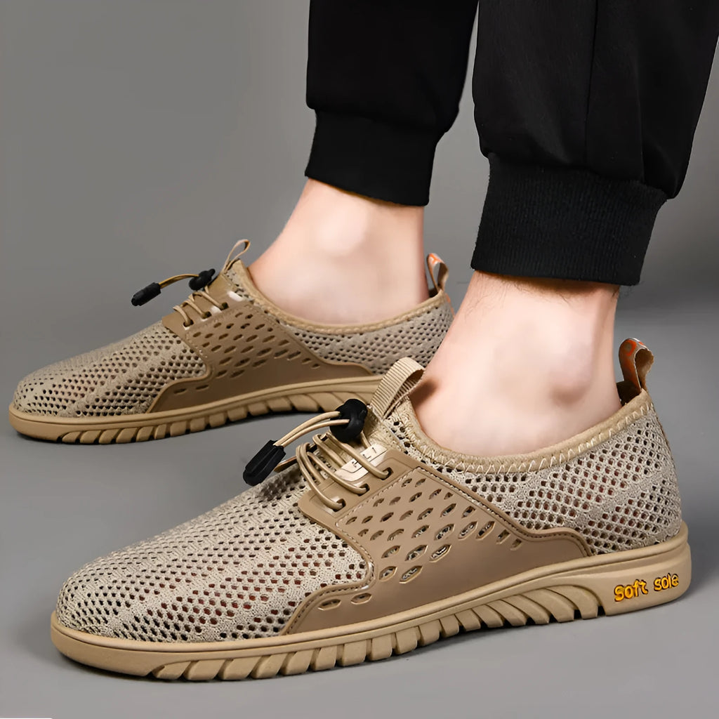 Men's breathable mesh casual shoes in sand colour with elastic band and rubber sole.