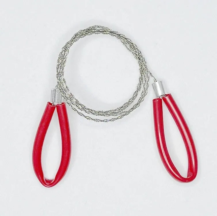German stainless steel survival wire saw with leather hand case showing extended wire blade