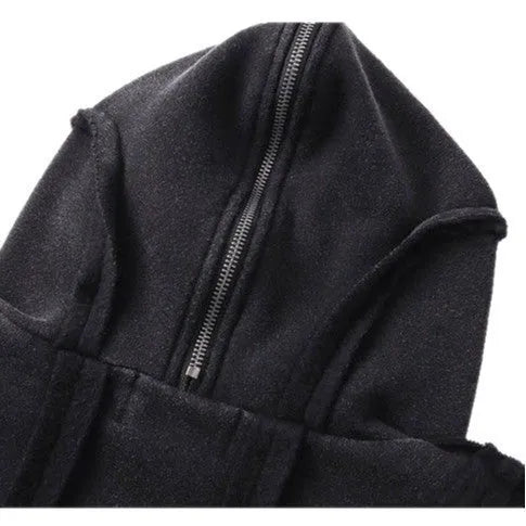 Black mens loose-fit cotton cardigan coat with zip front, attached hood, and abstract pattern.