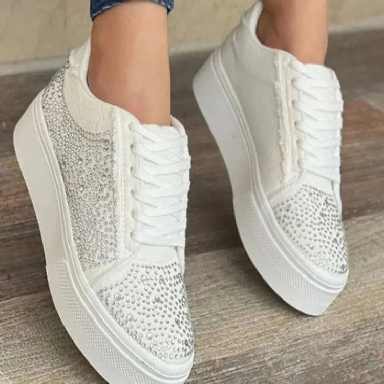 Plus size women's black casual sports shoes with rhinestones on the upper and flat chunky rubber soles.