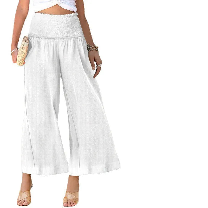 Women's high waist straight-leg trousers in cotton linen blend with pleating detail