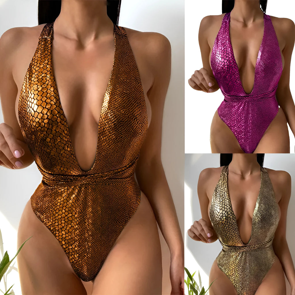Sequined one-piece swimsuit bikini in solid colour with glitter detail