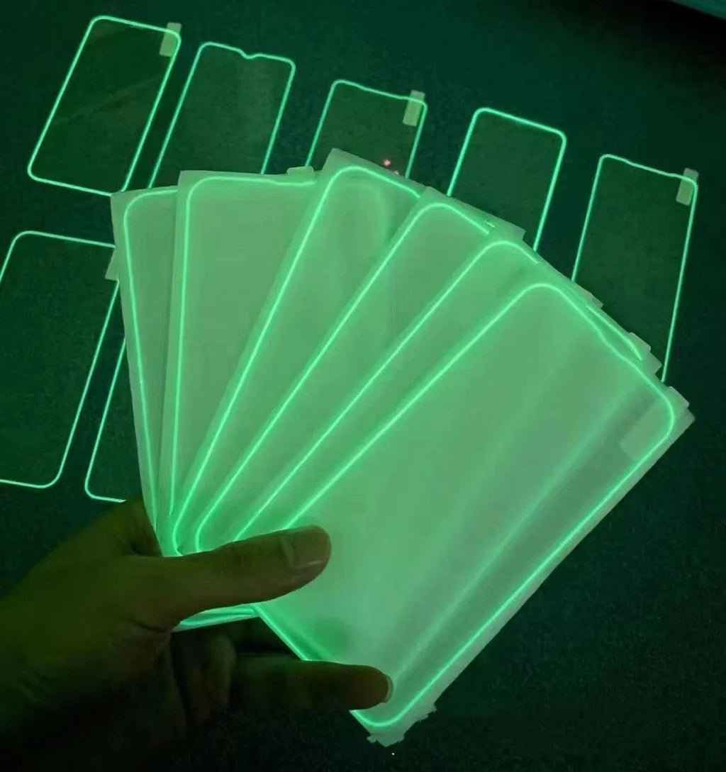 Fluorescent tempered glass screen protector for iPhone with luminous blue edges